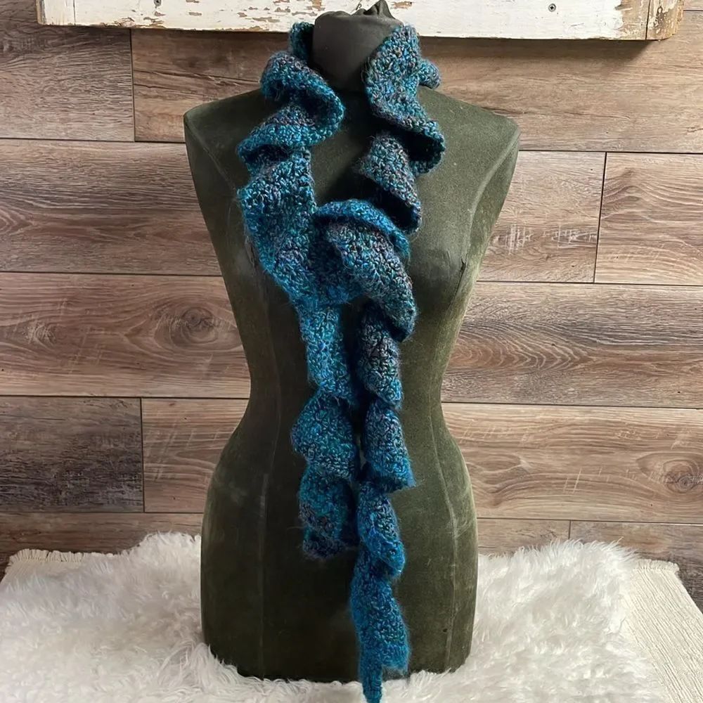 Ladies Handcrafted Crocheted Ruffled Scarf Varigated Dark Teal and Purple